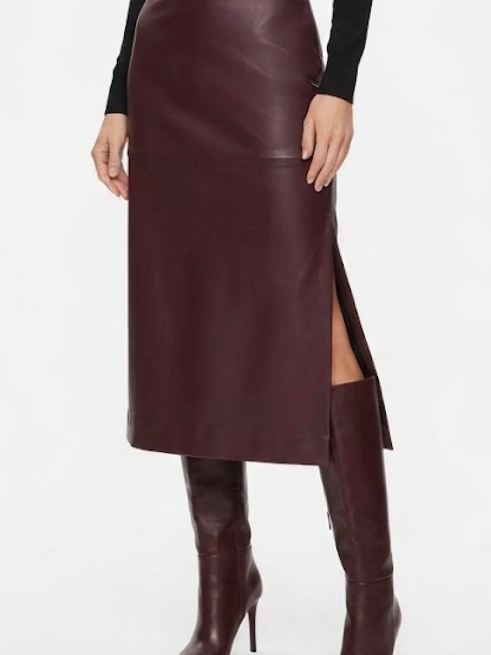 Kenneth Cole Burgundy Faux Leather Midi Skirt with Side Slit